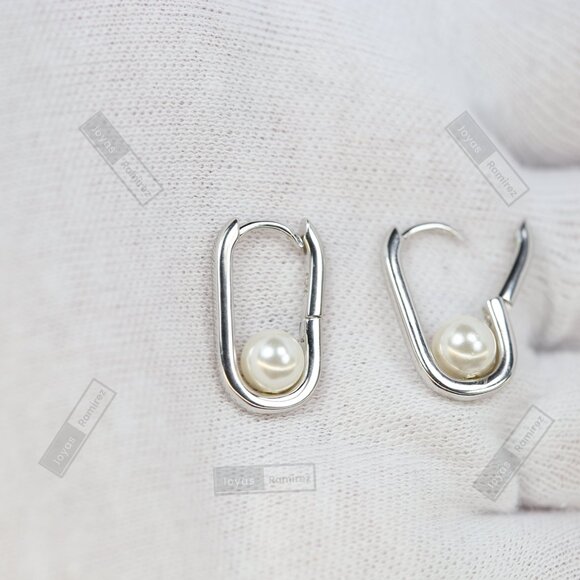 Sterling Silver Oval Pearl Earrings • Rhodium Finish • 2 cm Lightweight Design. - Picture 5 of 7
